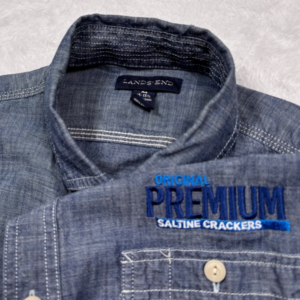 Saltine Crackers Blue Chambray Button Shirt Mens M Mondelez Int'l Lands End RARE